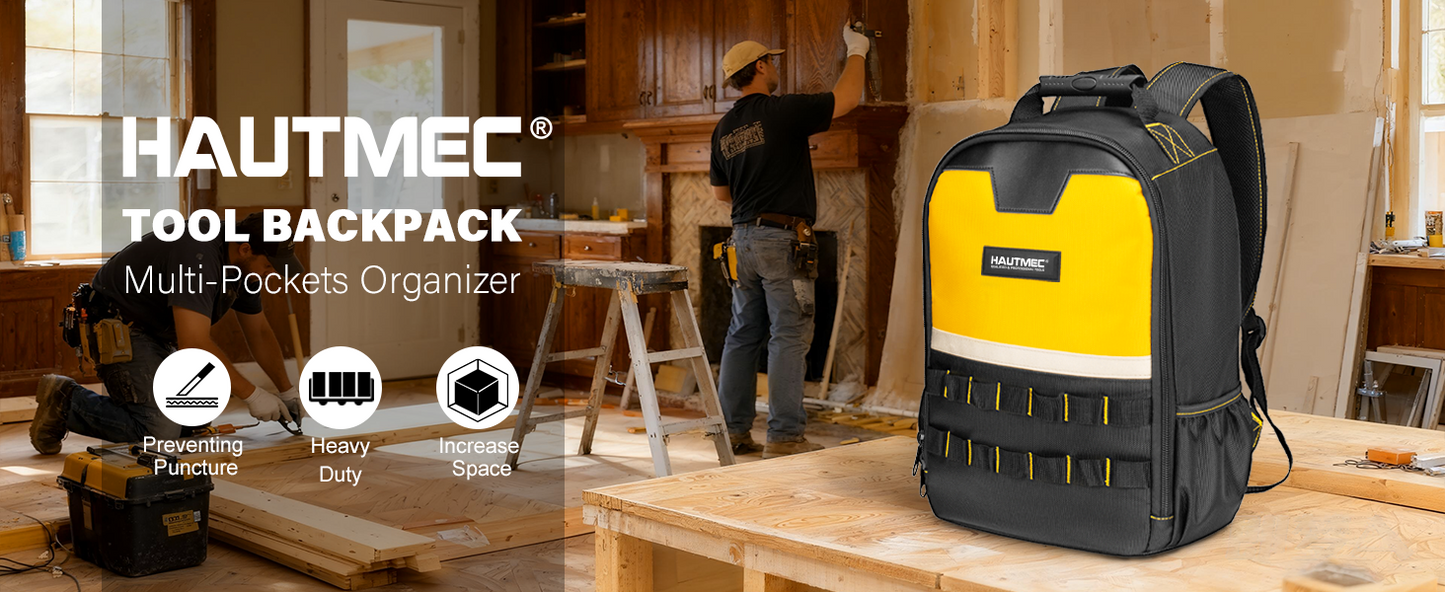 HAUTMEC Tool Backpack with Laptop Compartment, Heavy-Duty 1680D Oxford Tool Bag with Reinforced Base, 11 Pockets, Padded Straps, Portable Tool Organizer for Technicians, Contractors – HTTBM25058