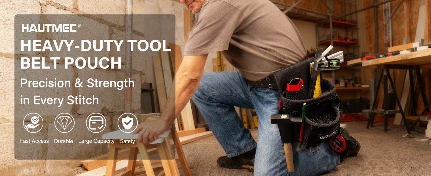 HAUTMEC Heavy-Duty Tool Belt Pouch, 1680D Polyester with Leather Pockets, EVA Reinforced Lining, Multi-Pocket Utility Pouch with Riveted Stress Points, Fits 2-3/4" Belts – HT0411