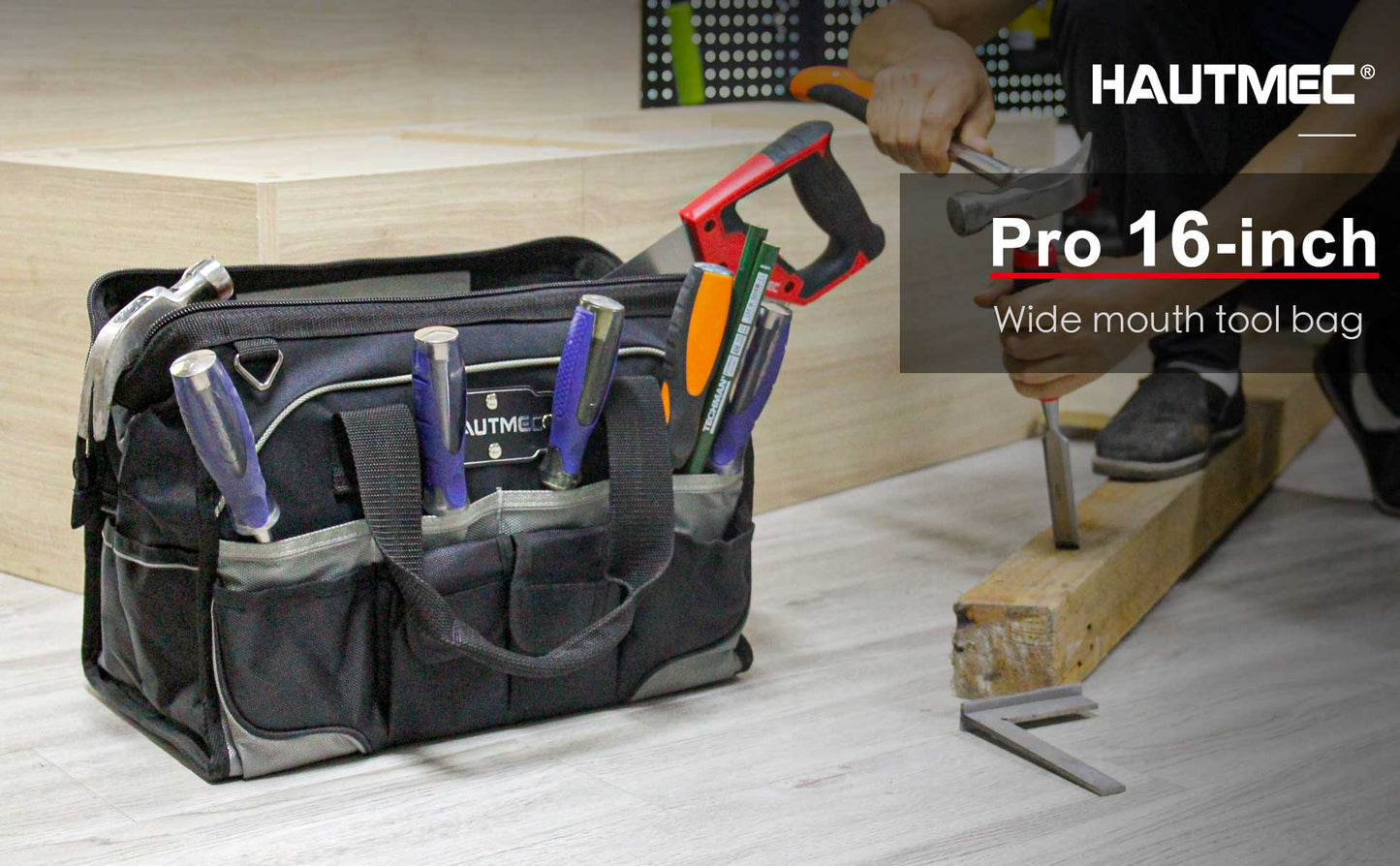 HAUTMEC Pro 16-inch Wide Mouth Tool Bag With 47 Pockets, Water-safe and Strengthened Base, Safety Reflective Straps for Tool Organization And Storage HT0183-TB