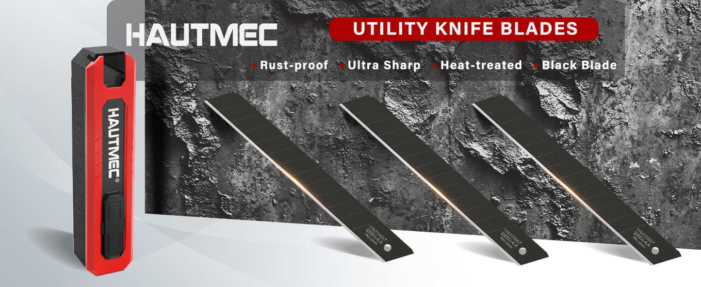HAUTMEC 10PC 9mm Industrial Utility Knife Blades, SK2H Steel Box Cutter Replacement Rustproof Blades - for Warehouse/DIY/Light Maintenance Bottom Snap-Off & Recycling Box 25007