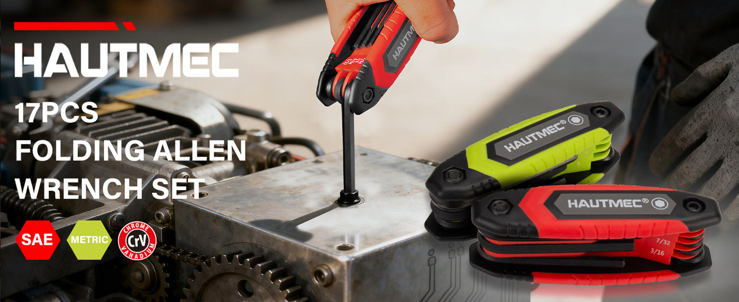 HAUTMEC 17PCS Folding Allen Wrench Set, Compact SAE & Metric Hex Key Set, Color-Coded Non-Slip Grip Allen Key Set, Heated Treated CR-V Steel Hex Wrench Sets, for Bike, Motorcycle & Machinery Repair HTHKH25041