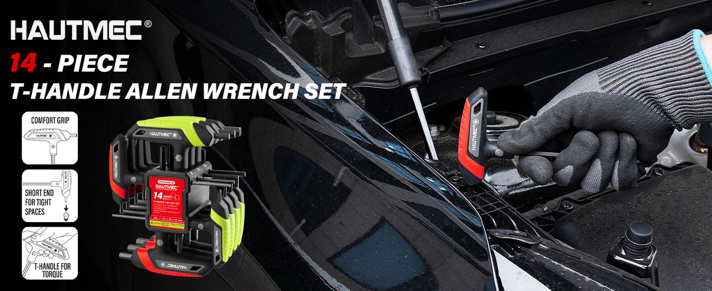 HAUTMEC 14-Piece T-Handle Allen Wrench Set, SAE & Metric T-Handle Hex Key Set, High Torque CR-V Steel Allen Key Set with Storage Rack, for Bike, Motorcycle, Furniture & Auto Repair, HTHKH25040