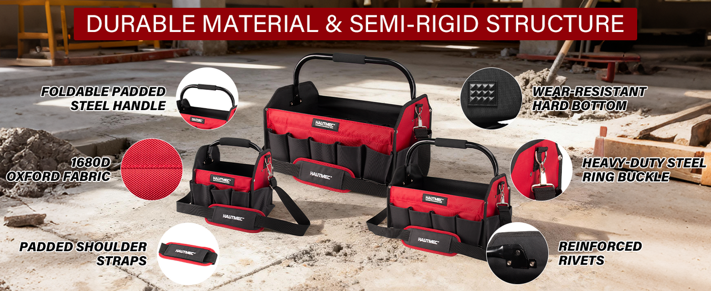 HAUTMEC 3PCS Heavy Duty Tool Tote Bag Set, 1680D Rigid Frame Tool Bags with Foldable Handle & Padded Shoulder Strap, Water-Resistant Hard Base, Multi-Pocket Tool Box Organizer – HTTBH25052