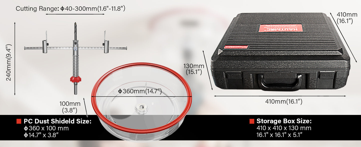 HAUTMEC Adjustable Hole Saw Cutter Kit, 1.6"–11.8"(40–300mm) Large Size, Heavy-Duty Bi-Metal Hole Cutter with PC Dust Shield, Adjustable Arbor & Pilot Bit for Wood, Plastic, Drywall – HTHOH25014