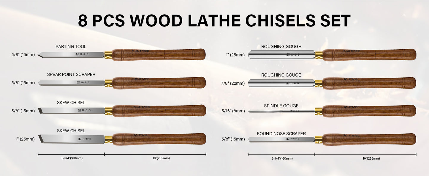 HAUTMEC Professional HSS Wood Turning Chisel Set 8 Pcs, Lathe Chisel Set with 3 Gouge 2 Skew 1 Spear Point 1 Parting 1 Round Nose Tools with 1680D Tool Bag for Professionals and Beginners - HTWCH25028