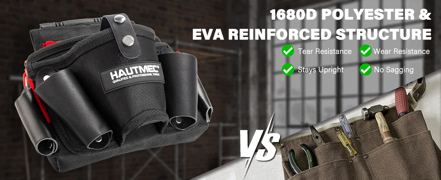 HAUTMEC Heavy-Duty Tool Pouch with Drill Holster, 1680D Tool Bag for Belt with Rubber Handle, 2 Main Compartments, 4 Leather Pockets, 11 Elastic Loops, Tape Measure Holder  – HT0410