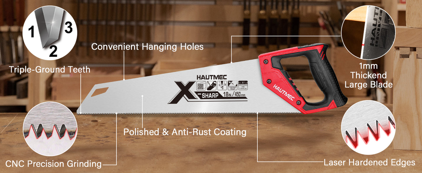 HAUTMEC X-Sharp 18 in. Universal Hand Saw - 7 TPI Universal Cuts Wood Saw - Professional Universal Saws for Wood, Laminate And Plastic - Ripcut And Crosscut Saw, HT0151-SA