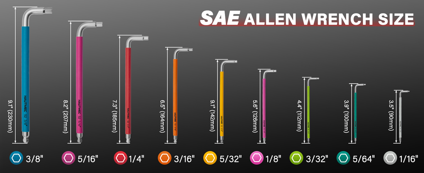 HAUTMEC Allen Wrenches Sets with Ball End, 9PCS Extra Long Arm Hex Key Set,  Heavy-Duty S2 Steel Pro Allen Key Set, 1/16" to 3/8", Color Coded Sleeve with Belt Loop Pouch for Professional Mechanics HTHKP25055