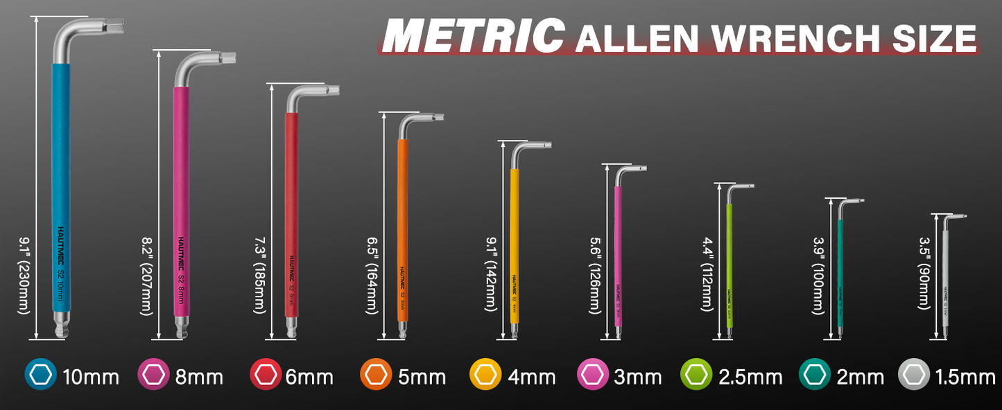 HAUTMEC Metric Allen Wrenches Sets with Ball End, 9PCS Extra Long Arm Hex Key Set,  Heavy-Duty S2 Steel Pro Allen Key Set, 1.5-10mm, Color Coded Sleeve with Belt Loop Pouch for Professional Mechanics HTHKP25054
