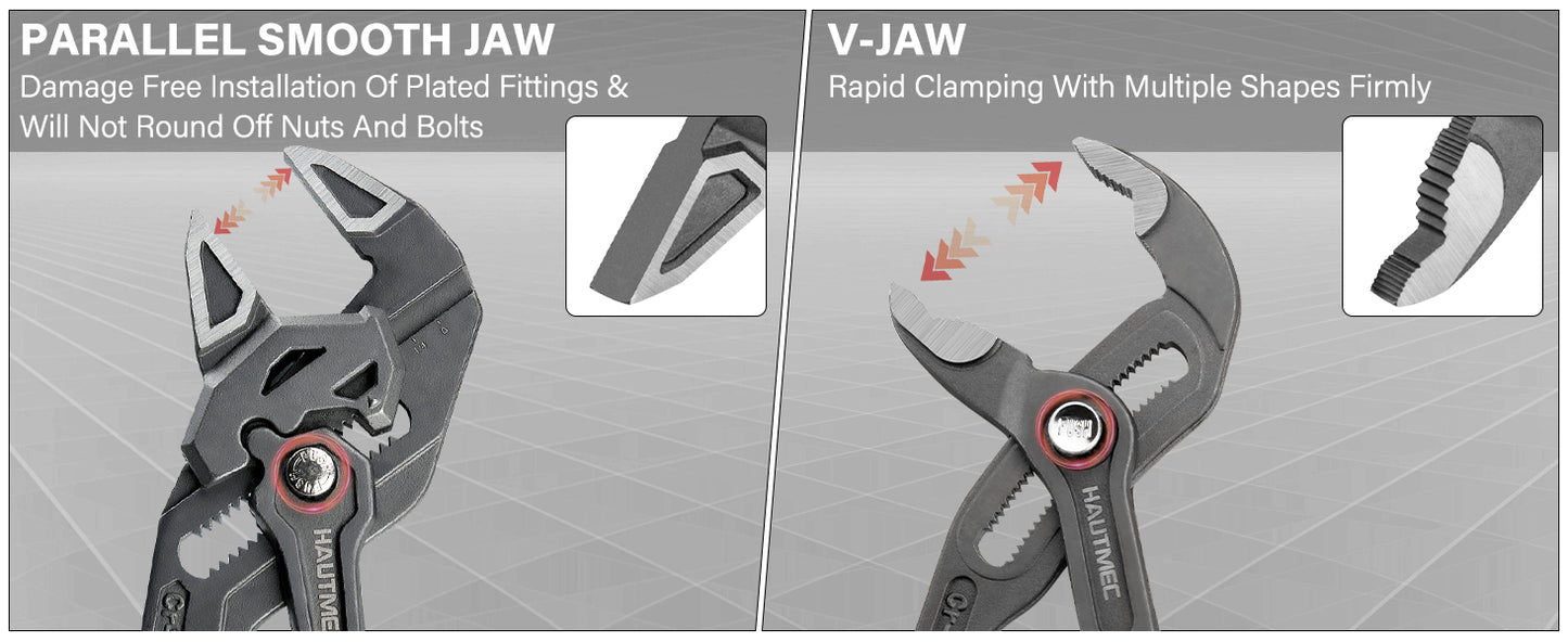 HAUTMEC  2-Piece 10 Inch Adjustable Pliers Wrench & Water Pump Pliers, Parallel Smooth Jaw & V-Jaw, CR-V Steel, Fast Adjustable Tongue and Groove Joint Pliers for Plumbing, Mechanical, Home Repair HTAWH25027