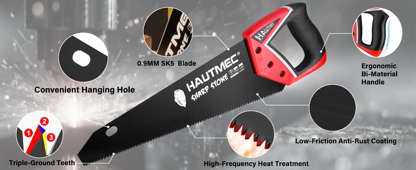 HAUTMEC 14" Expert Hand Saw for Accurate, Clean & Labor-Saving Cutting, 11 TPI Fine-Cut Handsaw with SK5 Rust-Resistant Blade, Triple Ground Teeth, Ergonomic Non-Slip Handle for Wood, PVC – HT0301