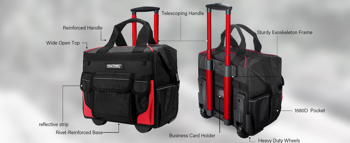 HAUTMEC 14.5" Rolling Tool Bag with Wheels, 25-Pocket Portable Tool Box Organizer with 600D Water-Resistant Fabric, Wide-Mouth Design, Oversized Wheels & Telescoping Red Handle -HTTBM25005