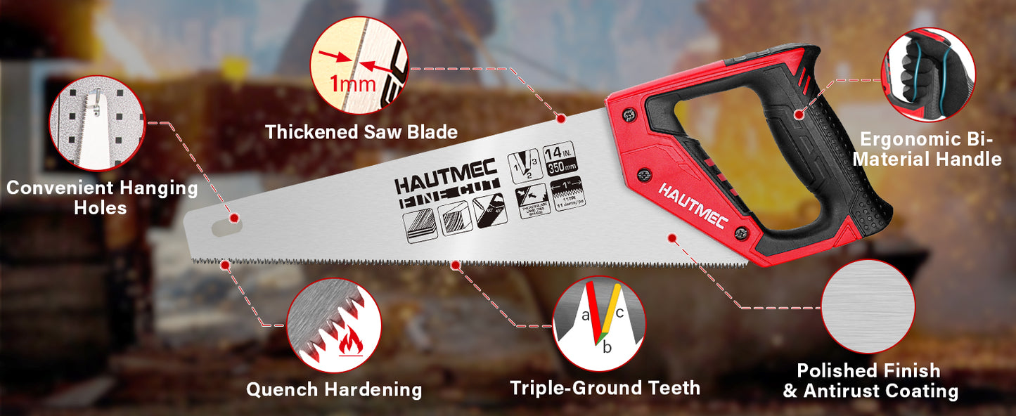 HAUTMEC 14 in. Universal Hand Saw - 11 TPI Fine Cuts Wood Saw - Professional Universal Saws for Wood, Laminate And Plastic - Crosscut Saw, HT0024