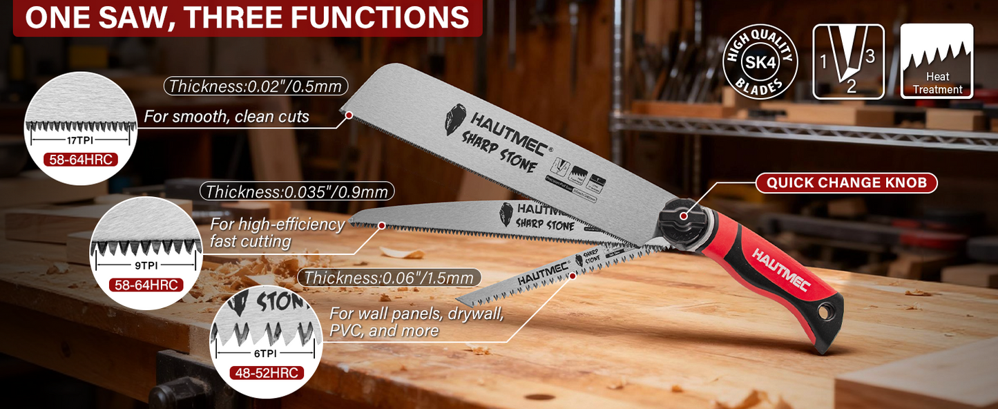 HAUTMEC 3-In-1 Japanese Pull Saw, Replaceable Blade Handsaw with 4-Angle Cutting, Pro Woodworking Cutting Tool (9.5-Inch 17TPI Fine-Cut, 9-Inch 9TPI Quick Cut, 6.5-Inch 6TPI Jab Saw) – HTHDM25050