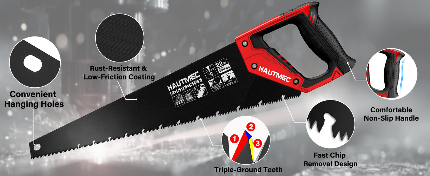 HAUTMEC 22-Inch Aggressive Hand Saw, Ergonomical Handle, Rust-proof Wood Saw With Chip Removal Design, for Heavy Duty Sawing, Trimming, Gardening of Wood, Drywall, Laminate And Plastic HT0026-SA