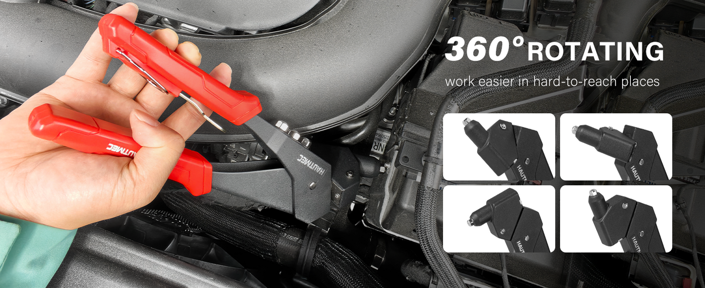 HAUTMEC 360° Swivel Head Rivet Gun with 120 Rivets 3/32"(2.4mm) 1/8"(3.2mm) 5/32"(4.0mm) 3/16"(4.8mm) and 4 Manual Interchangeable Rivet Heads HTRTM25062