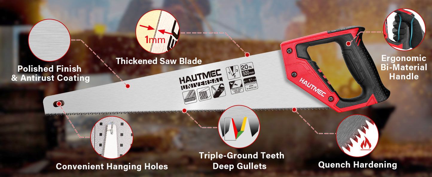HAUTMEC 20 in. Pro Hand Saw, 8 TPI/9 PPI Universal-Cut Soft-Grip Hardpoint Handsaw HT0025-SA