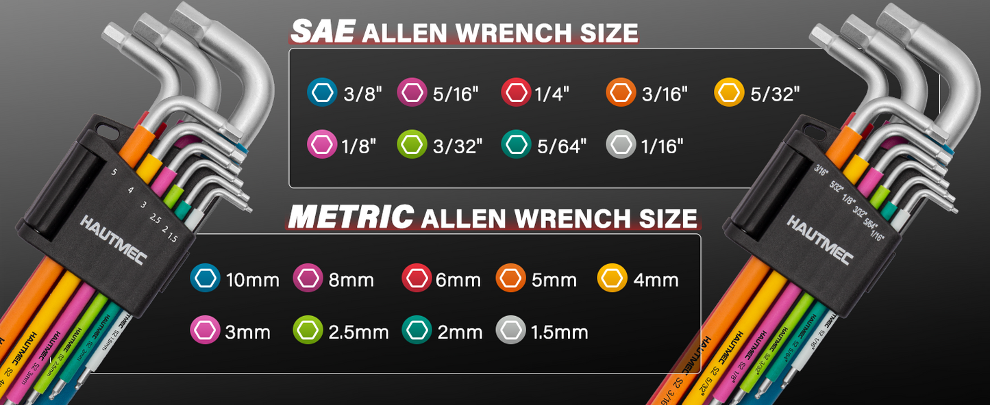 HAUTMEC Allen Wrenches Sets with Ball End(SAE & Metric), 18PCS Extra Long Arm Hex Key Set,  Heavy-Duty S2 Steel Pro Allen Key Set, 1/16" to 3/8" and 1.5-10mm, Color Coded Sleeve with Belt Loop Pouch HTHKP25053