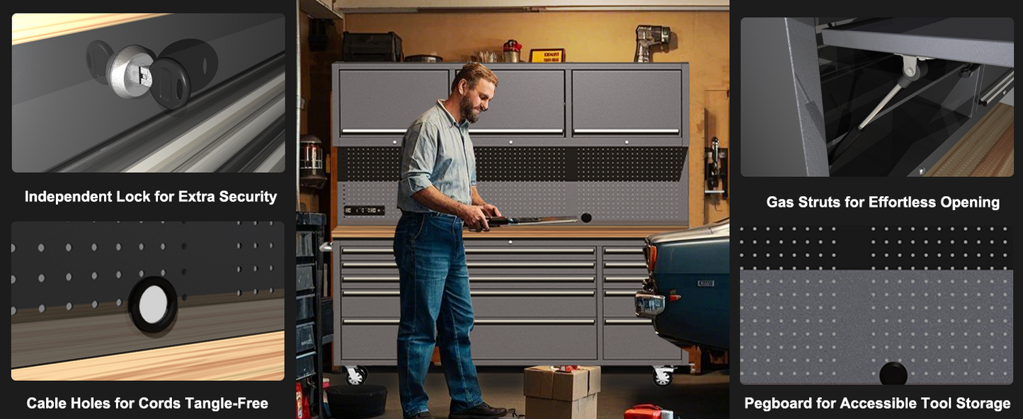 HAUTMEC 72-Inch Rolling Tool Chest，Mobile Garage Workbench，Tool Box on Wheels, Tool Cabinet with 15 Drawers, 3 Upper Cabinets, Pegboard, ETL-Certified Power Strip & Heavy-Duty Oak Work Surface