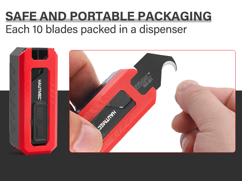 HAUTMEC Utility Knife Hook Blades, 10-Pack SK2H Steel Razor Blades with Innovative Safety Dispenser, Standard Size Replacement Blade for Heavy-duty Material Cutting – HTUBH25010