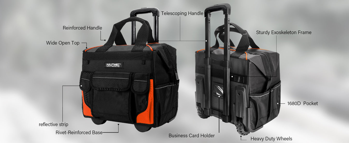 HAUTMEC 14.5" Rolling Tool Bag With Wheels Portable Tool Bag With Adjustable Telescoping Handle Wide Mouth Storage Organizer Perfect Mens Gifts, 600D Orange,HT0353
