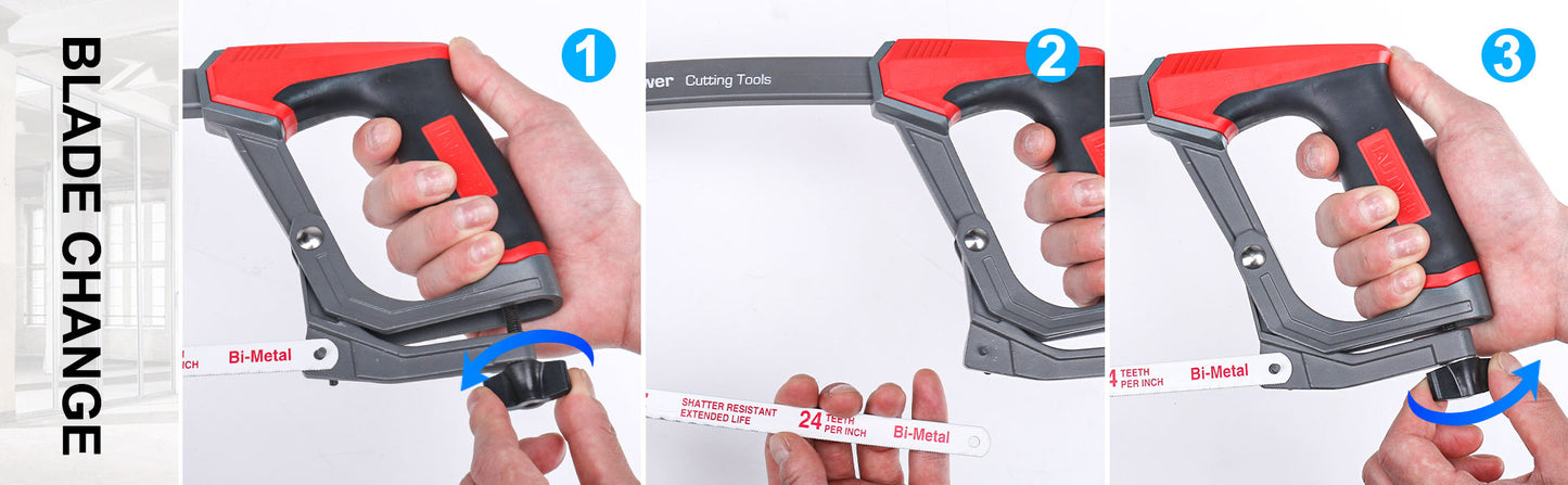 HAUTMEC 12 Inch X-Power High-Tension Hacksaw Frame, Adjustable 55°/90°Heavy Duty Aluminum Structure，Soft Non-slip Grip, 24 TPI Bi-Metal Blade for Metal, Wood, PVC Pipes HT0146-HS