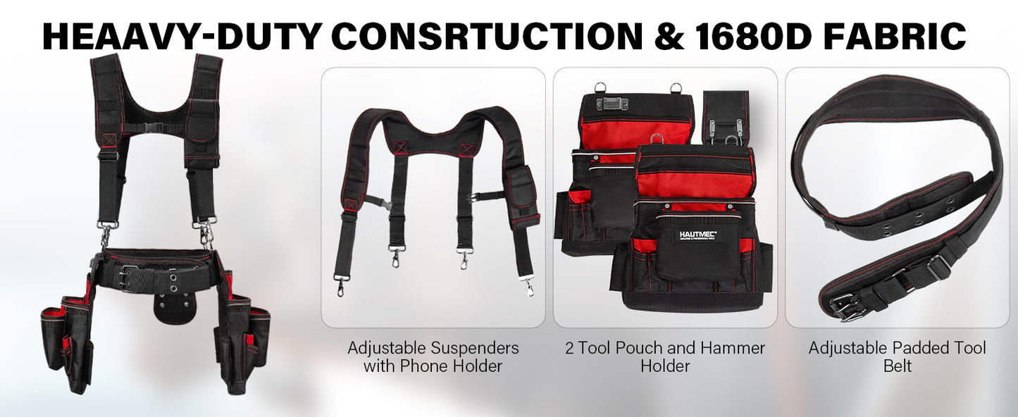 HAUTMEC Professional Tool Belt with Suspenders, 19 Pockets, Heavy-Duty 1680D Work Belt with Adjustable Padded Waist & Shoulder Support, Phone Pouch, Hammer & Tape Holder – HT0400