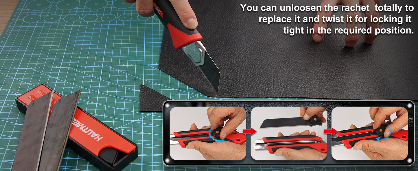 HAUTMEC 25mm Extra Heavy-Duty Utility Knife with 10pcs Blade set, Multi-Purpose Snap-off Box Cutter, Ratchet-lock Mechanism, Reinforced Fiberglass Handle HT0251-KN