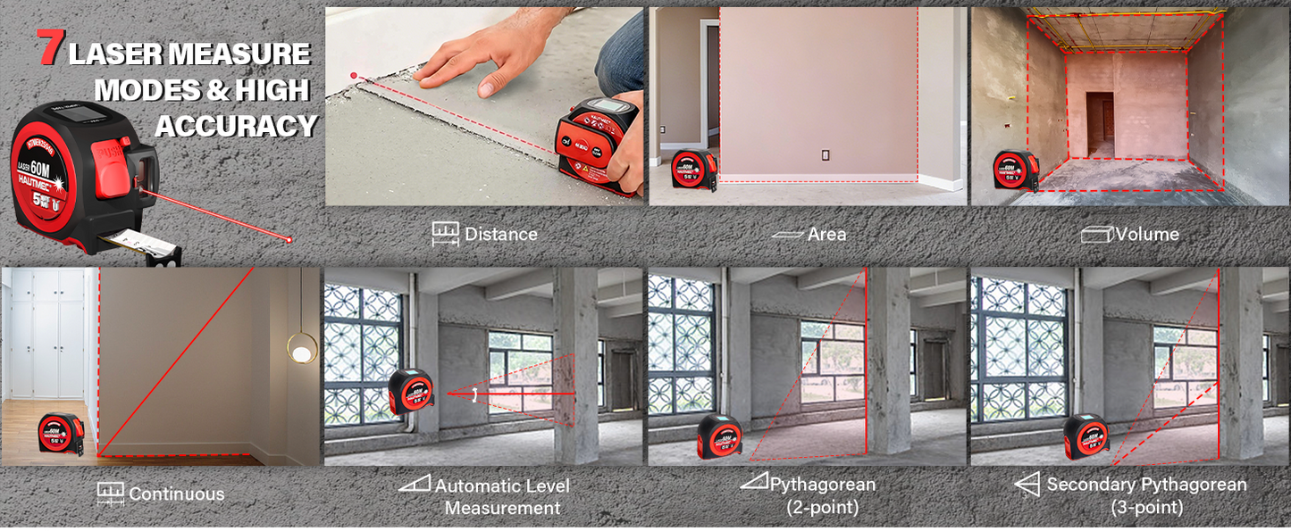 HAUTMEC 2 in 1 Digital Laser Tape Measure, 197ft/60m Digital Measuring Tape & 16ft/5m Auto Lock Tape Measure, Support to Pythagorean, Area, Volume Rechargeable, for Construction 25048