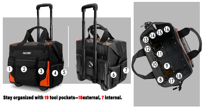 HAUTMEC 14.5" Rolling Tool Bag With Wheels Portable Tool Bag With Adjustable Telescoping Handle Wide Mouth Storage Organizer Perfect Mens Gifts, 600D Orange,HT0353