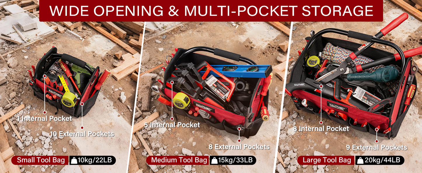 HAUTMEC 3PCS Heavy Duty Tool Tote Bag Set, 1680D Rigid Frame Tool Bags with Foldable Handle & Padded Shoulder Strap, Water-Resistant Hard Base, Multi-Pocket Tool Box Organizer – HTTBH25052