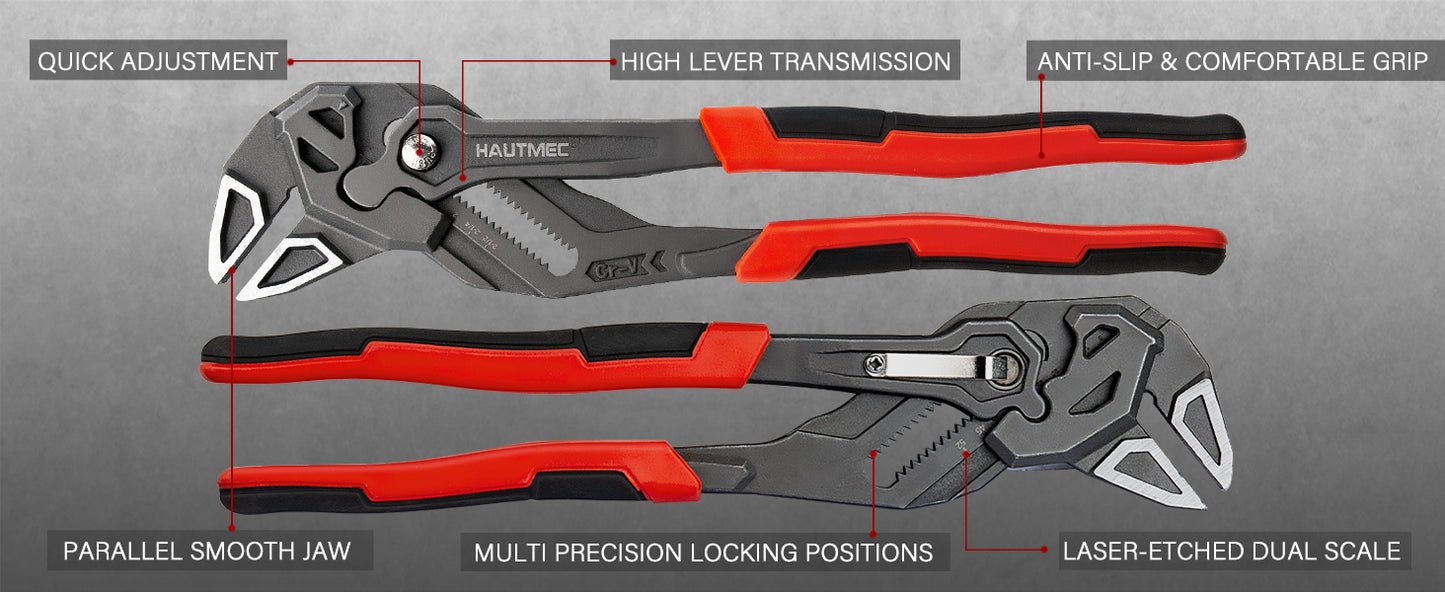HAUTMEC 3PCS Adjustable Pliers Wrench Sets (7 10 12"), Smooth Jaw Parallel Pliers, Heat-Treated CR-V Steel & Phosphated Rust-Resistant, SAE/Metric Scale, Storage Belt Pouch for Professional & DIY HTAWH25026