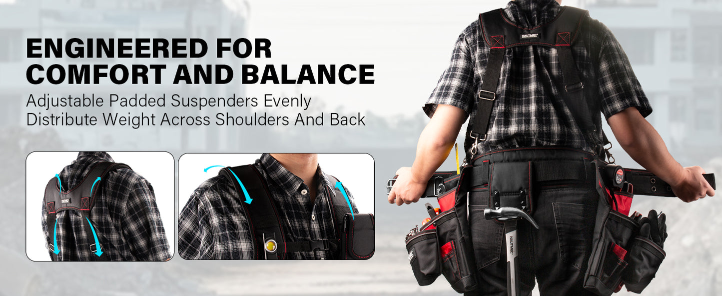 HAUTMEC Professional Tool Belt with Suspenders, 19 Pockets, Heavy-Duty 1680D Work Belt with Adjustable Padded Waist & Shoulder Support, Phone Pouch, Hammer & Tape Holder – HT0400