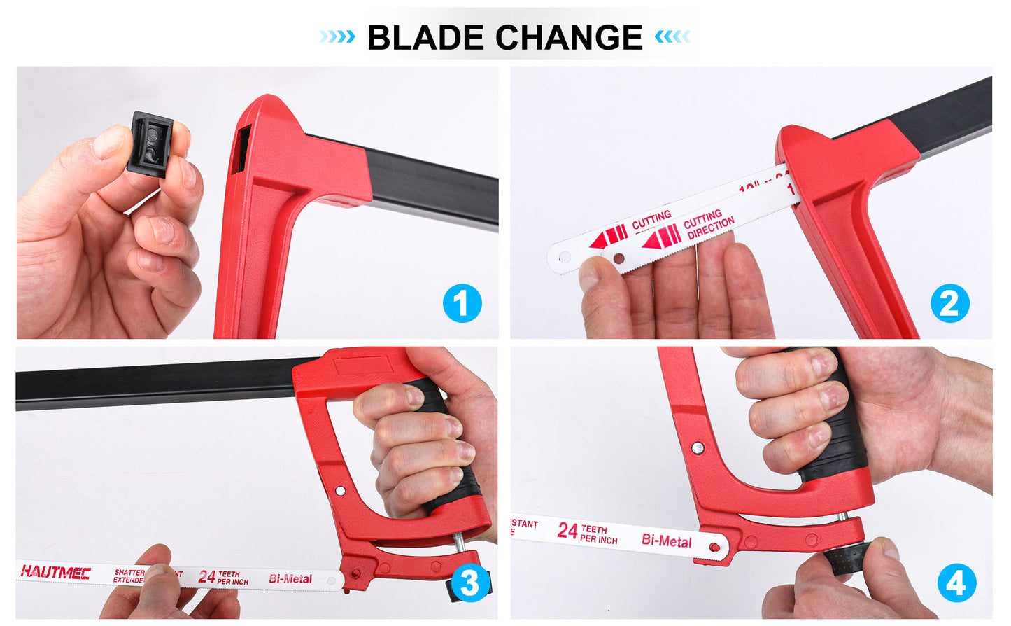 HAUTMEC 12 Inch Adjustable Hacksaw Frame With Blade Cabin, Heavy Duty 45°/90°2 Sawing Angles, 24 TPI High Tension Bi-metal HSS Blade, for Metal, Steel Pipe, PVC, Wood HT0015-CT
