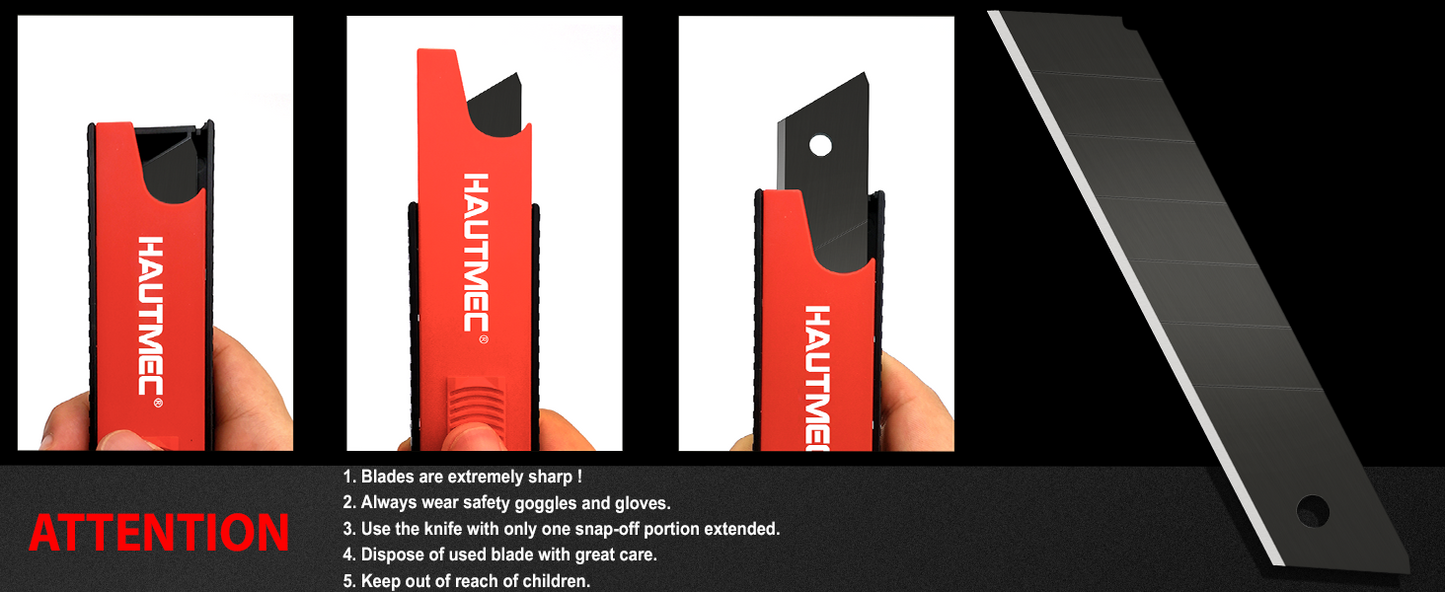 HAUTMEC 25mm Extra Heavy-Duty Utility Knife with 10pcs Blade set, Multi-Purpose Snap-off Box Cutter, Ratchet-lock Mechanism, Reinforced Fiberglass Handle HT0251-KN
