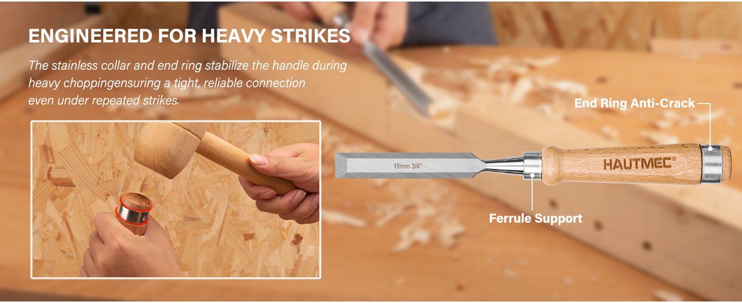 HAUTMEC 4PCS Wood Chisel Set for Woodworking, Carpentry Carving Tool with Bevel Edged Steel Blade, High Impact Handle for Woodcutting Sharpening HT0235-WW