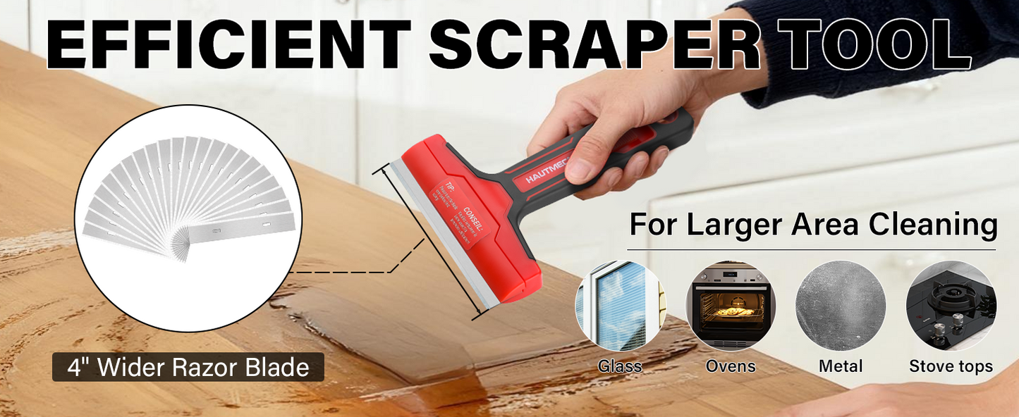 HAUTMEC Razor Blade Scraper Tool, 4" Wider Scraper Tool with 20 Extra Carbon Steel Blades, Razor Scraper for glass scraper, Adhesive, Label, Sticker from Window, Glass, Tile, Floor, Stove HTPBM25033