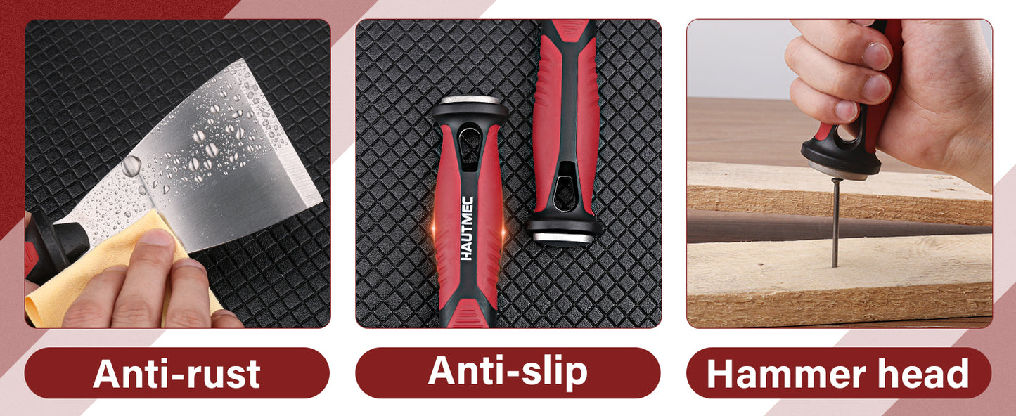 HAUTMEC Putty Knife 4 PC Set, 1.25",2",3" Paint Scraper & 3" 8-in-1 Paint Stripper, Heavy Duty Stainless Steel Blade and Hammer End for Removing Wallpaper, Plaster, Cement HTPSH25060