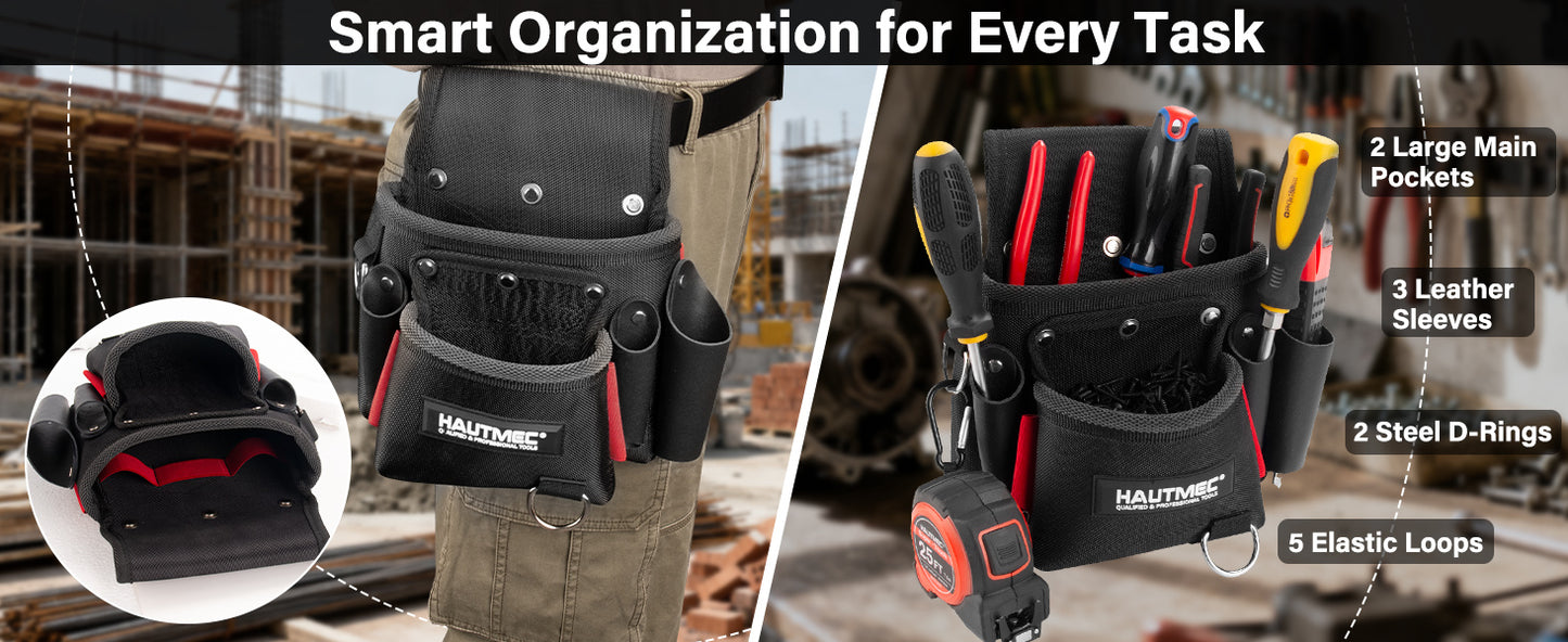 HAUTMEC Heavy-Duty Tool Belt Pouch, 1680D Polyester with Leather Pockets, EVA Reinforced Lining, Multi-Pocket Utility Pouch with Riveted Stress Points, Fits 2-3/4" Belts – HT0411