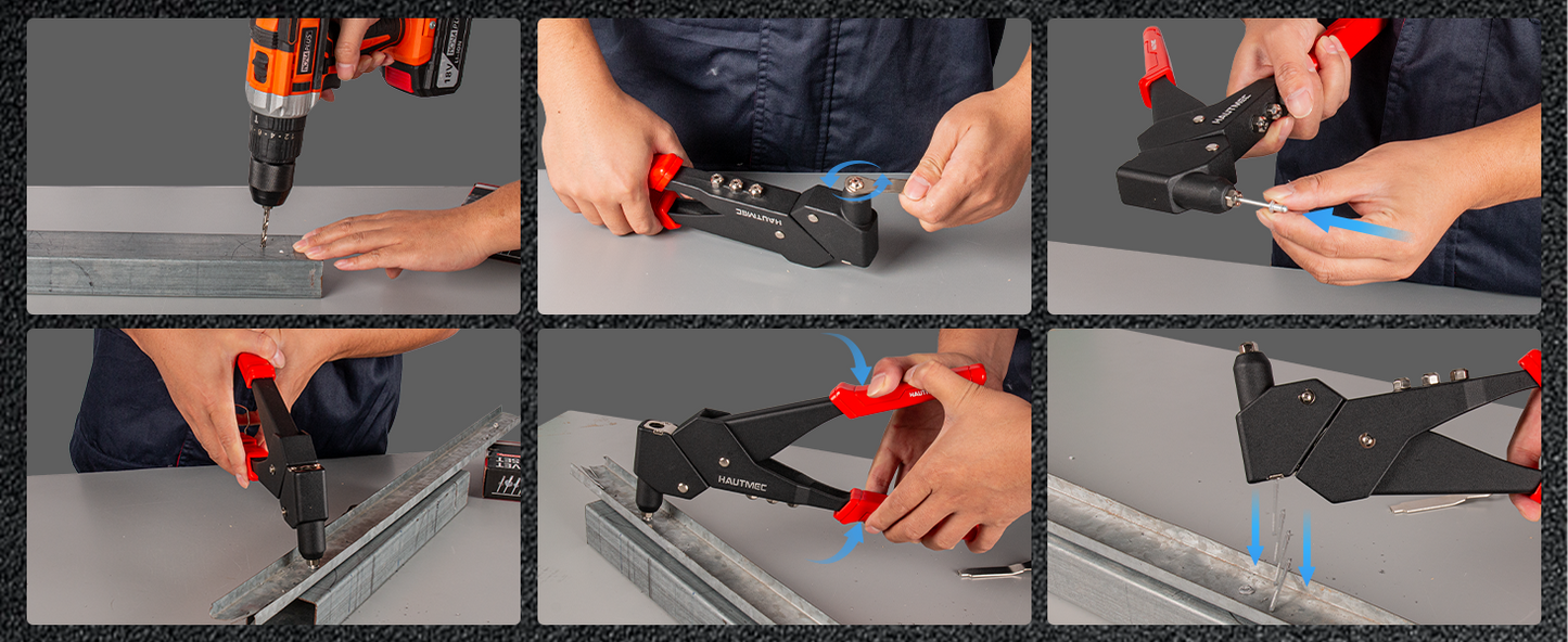 HAUTMEC 360° Swivel Head Rivet Gun with 120 Rivets 3/32"(2.4mm) 1/8"(3.2mm) 5/32"(4.0mm) 3/16"(4.8mm) and 4 Manual Interchangeable Rivet Heads HTRTM25062