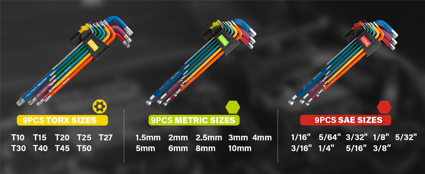 HAUTMEC 27PCS Long Allen Wrenches Sets with Ball End, SAE Metric Torx Allen Key Set with T-Handle Hex Key, 60CR-V Steel, Color Coded & Storage Bag,  SAE(1/16" to 3/8″),Metric(1.5-10mm),Torx (T10-T50) HTHKM25051