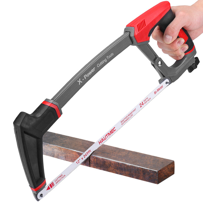 HAUTMEC 12 Inch X-Power High-Tension Hacksaw Frame, Adjustable 55°/90°Heavy Duty Aluminum Structure，Soft Non-slip Grip, 24 TPI Bi-Metal Blade for Metal, Wood, PVC Pipes HT0146-HS