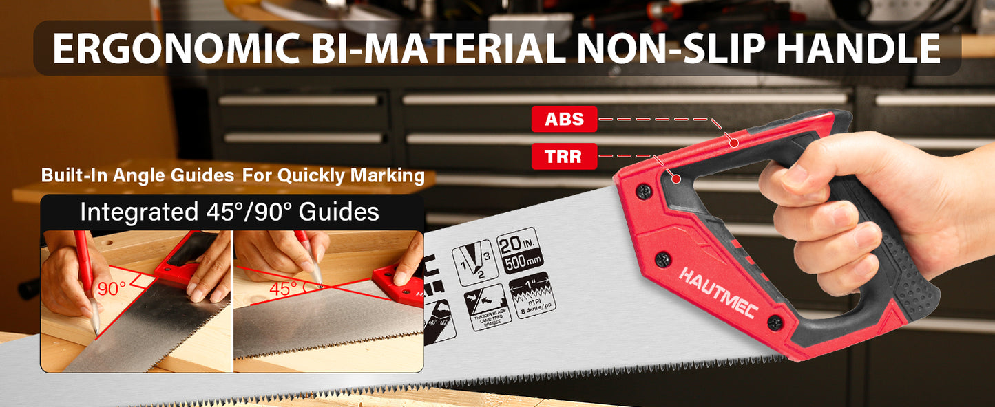 HAUTMEC 20 in. Pro Hand Saw, 8 TPI/9 PPI Universal-Cut Soft-Grip Hardpoint Handsaw HT0025-SA