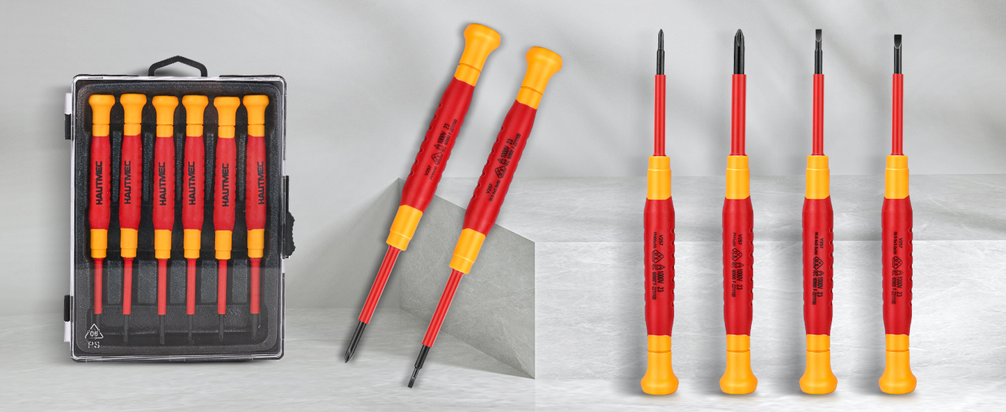 HAUTMEC 6PCS Small Precision Screwdriver Set 1000V Mini Insulated Screwdriver Set with VDE Certified, S2 Steel, Slotted and Phillips Magnetic Tip for Electrical Work, HT0313
