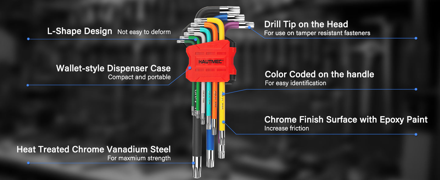 HAUTMEC Torx Allen Wrench Set, 9PCS Star Allen Key Set, T10-T50 Star Allan Wrench Sets with Visible Coding, CR-V Steel, Drilled Tips & Non-Slip Colorful Handles for Automotive, Bike, Furniture Repair HTHKH25042