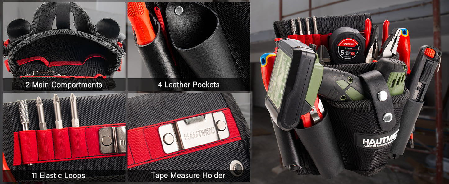 HAUTMEC Heavy-Duty Tool Pouch with Drill Holster, 1680D Tool Bag for Belt with Rubber Handle, 2 Main Compartments, 4 Leather Pockets, 11 Elastic Loops, Tape Measure Holder  – HT0410