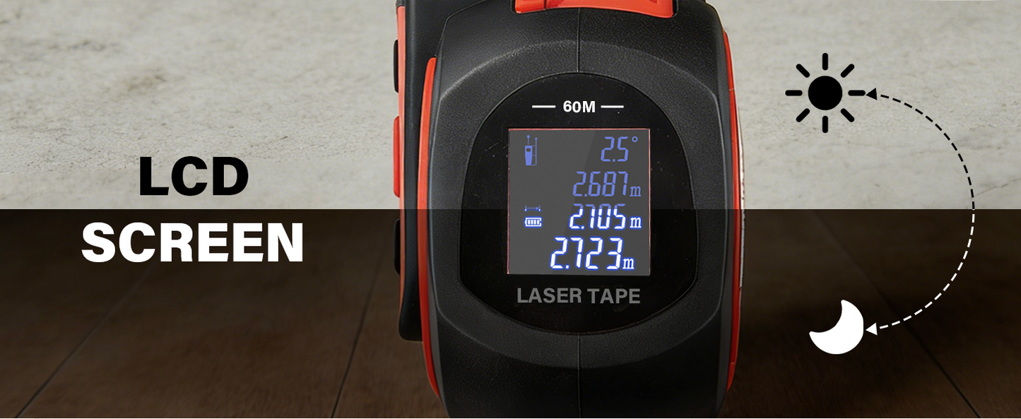 HAUTMEC 2 in 1 Digital Laser Tape Measure, 197ft/60m Digital Measuring Tape & 16ft/5m Auto Lock Tape Measure, Support to Pythagorean, Area, Volume Rechargeable, for Construction 25048