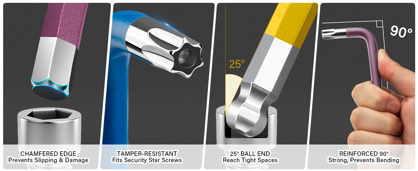 HAUTMEC 27PCS Long Allen Wrenches Sets with Ball End, SAE Metric Torx Allen Key Set with T-Handle Hex Key, 60CR-V Steel, Color Coded & Storage Bag,  SAE(1/16" to 3/8″),Metric(1.5-10mm),Torx (T10-T50) HTHKM25051