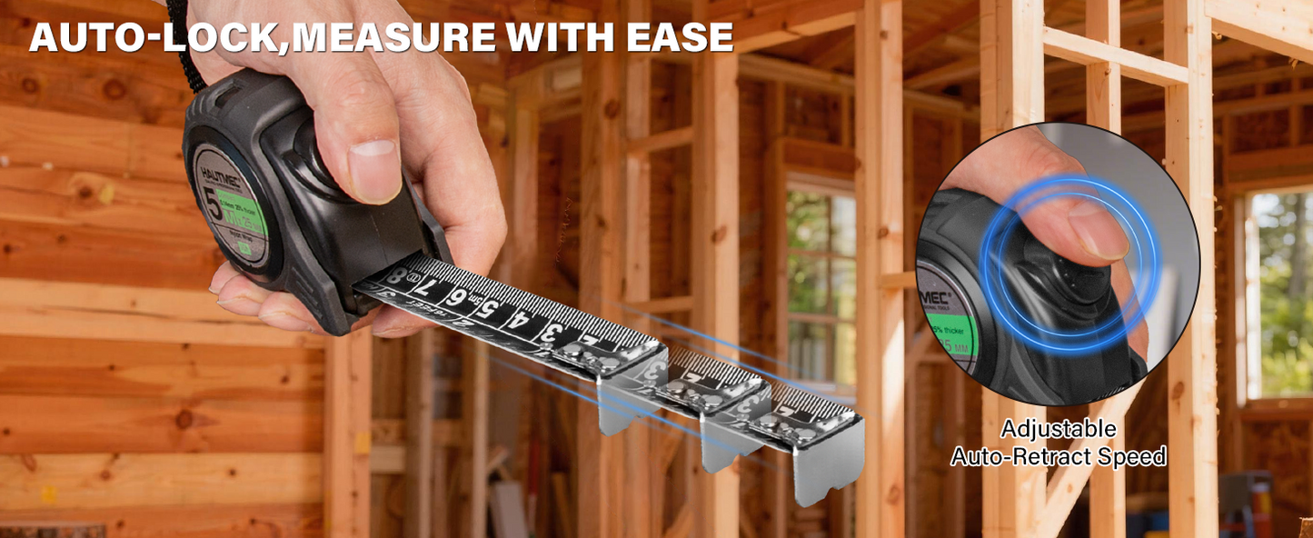 HAUTMEC Tape Measure 16ft/5m Dual Scale Metric Measuring Tape, Auto-Lock with Nylon Coated Blade & Rubber Case, for Construction, Woodworking, DIY HT0100