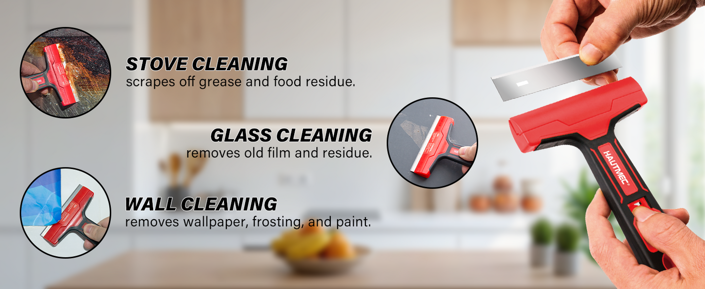 HAUTMEC Razor Blade Scraper Tool, 4" Wider Scraper Tool with 20 Extra Carbon Steel Blades, Razor Scraper for glass scraper, Adhesive, Label, Sticker from Window, Glass, Tile, Floor, Stove HTPBM25033